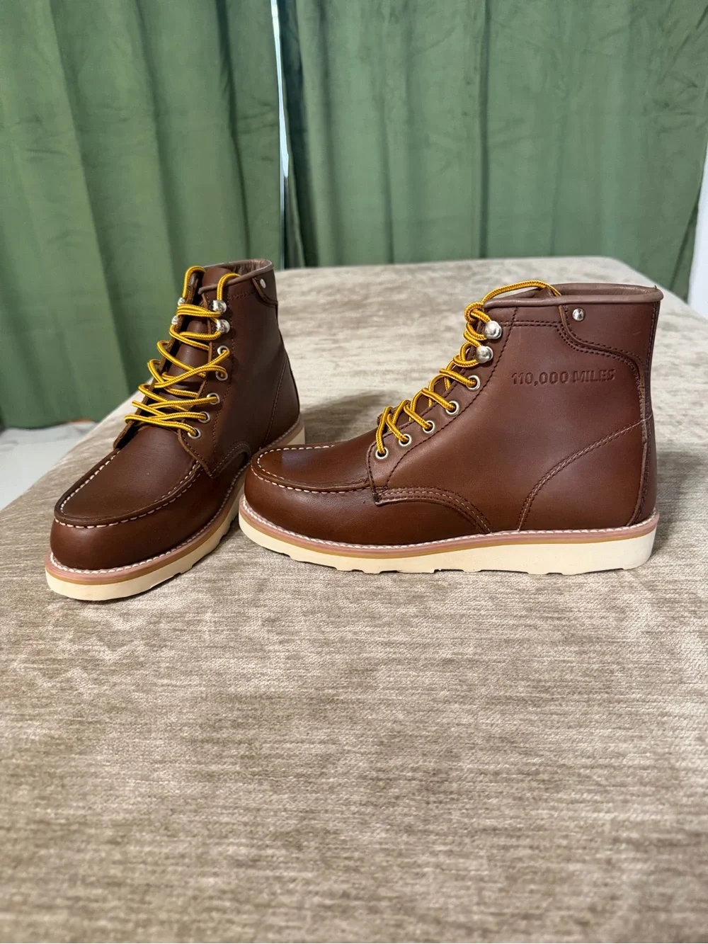 Men's Brown Leather Moc Toe Work Boots with Yellow Laces